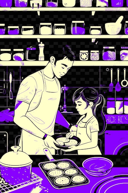 PSD father and daughter baking cookies in a kitchen with colorfu png illustration art work designs