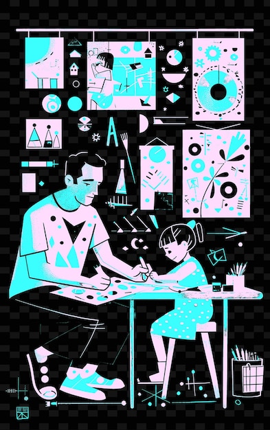 PSD father and daughter creating art together in a craft room cr png illustration art work designs