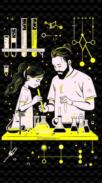 PSD father and daughter doing science experiments together in a png illustration art work designs