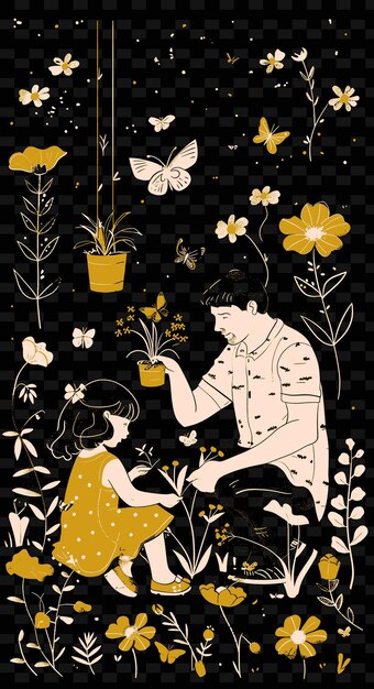 PSD father and daughter gardening in a backyard with flowers and png illustration art work designs