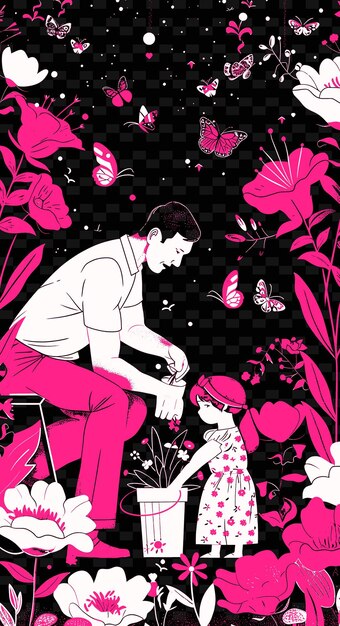 PSD father and daughter gardening in a backyard with flowers and png illustration art work designs