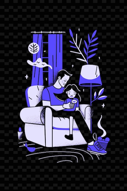 PSD father and daughter having a movie night together in a cozy png illustration art work designs