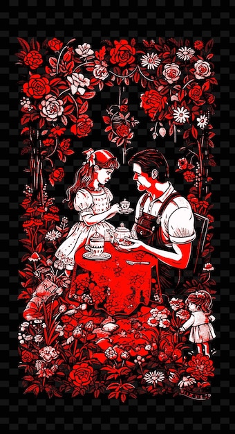 Father and Daughter Having a Tea Party in a Garden With Flow PNG Illustration Art Work Designs