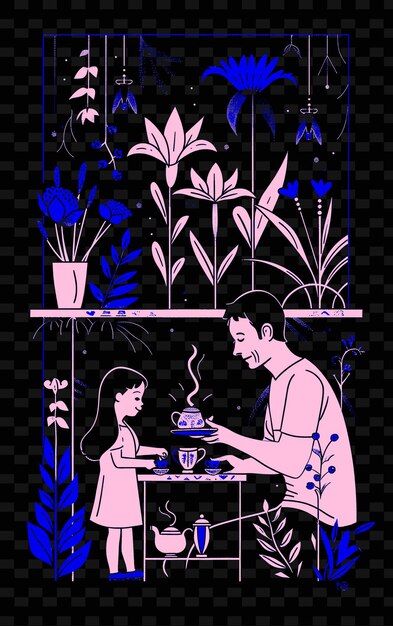 PSD father and daughter having a tea party together in a garden png illustration art work designs