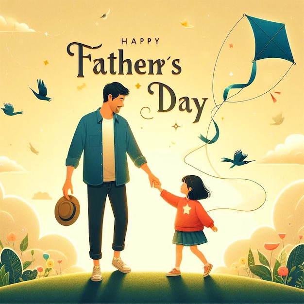 a father and daughter holding hands and a kite in the sky