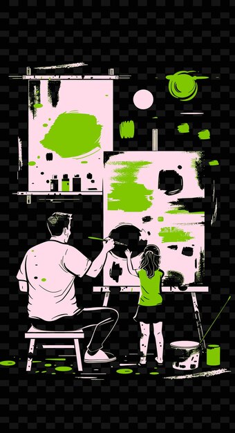 Father and Daughter Painting Together in an Art Studio Abstr PNG Illustration Art Work Designs