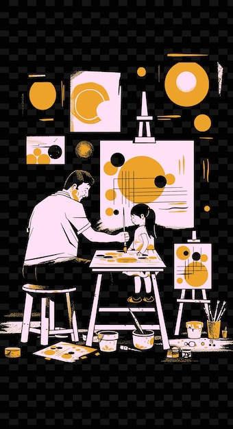 PSD father and daughter painting together in an art studio with png illustration art work designs