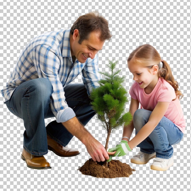 PSD a father and daughter planting a tree on transparent background