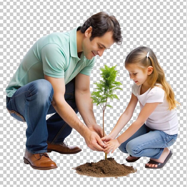 PSD a father and daughter planting a tree on transparent background