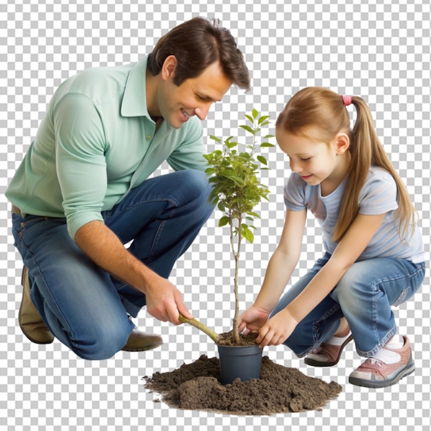 PSD a father and daughter planting a tree on transparent background