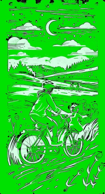 Father and Daughter Riding Bikes in a Field With a Scenic Vi PNG Illustration Art Work Designs