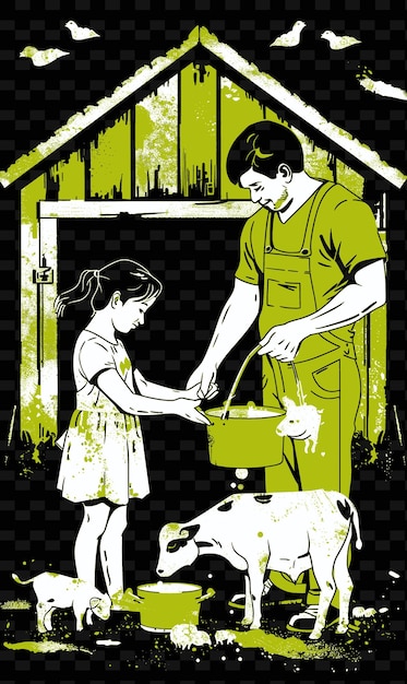 PSD father and daughter taking care of animals on a farm rustic png illustration art work designs