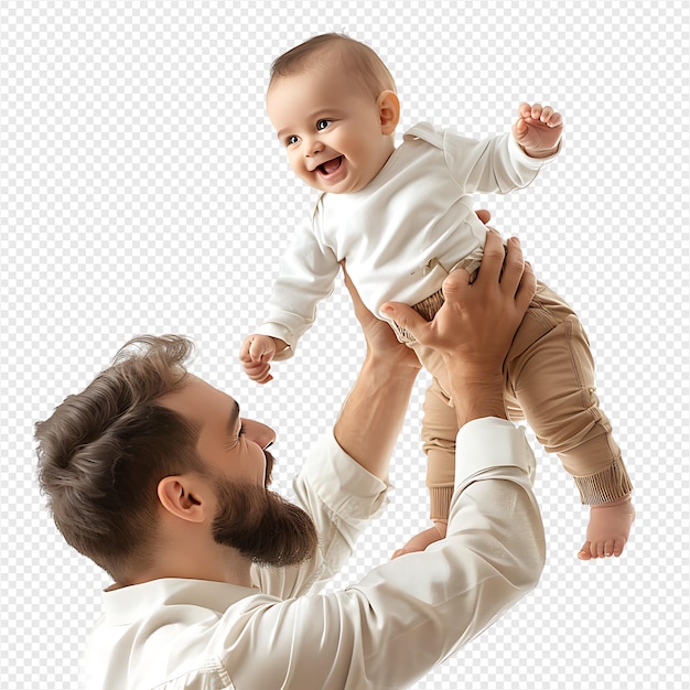 Father holding baby upward on isolated transparent background