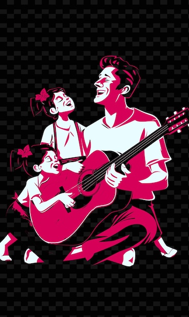 Father Playing Guitar With His Children Singing Along Retro PNG Illustration Art Work Designs