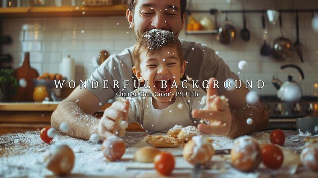 PSD father and son baking fun a floury mess