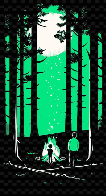 PSD father and son camping in the woods with a bonfire poster de png illustration art work designs