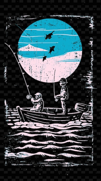 PSD father and son fishing on a boat with a nautical scene poste png illustration art work designs