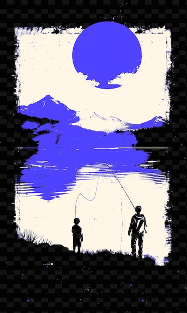 PSD father and son fishing at a calm lake with mountains in the png illustration art work designs