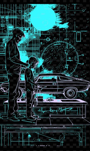 Father and Son Fixing a Car in a Garage With a Mechanical Sc PNG Illustration Art Work Designs