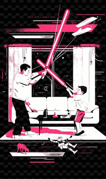 Father and Son Having a Light Saber Battle Together in a Liv PNG Illustration Art Work Designs