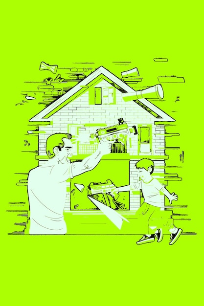 PSD father and son having a nerf gun battle together in a house png illustration art work designs