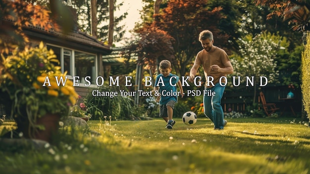 PSD father and son playing soccer in backyard