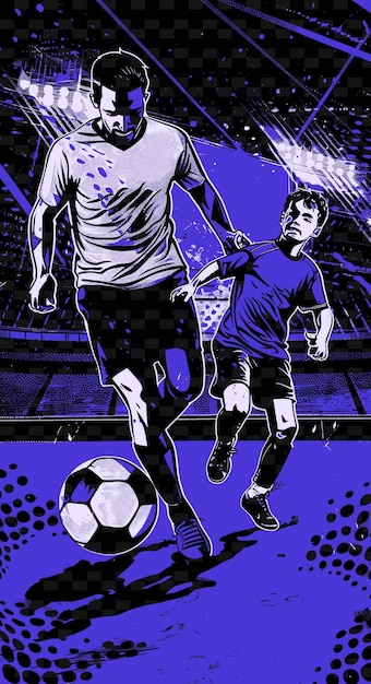 PSD father and son playing soccer in a stadium with an energetic png illustration art work designs