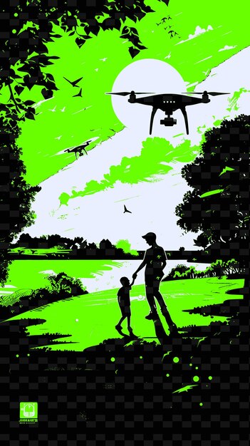 PSD father and son playing with a drone in a park with a sunset png illustration art work designs