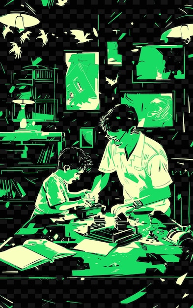 Father and Son Playing With a Magic Set in a Room With a Mys PNG Illustration Art Work Designs