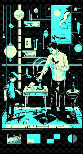 Father and Son Playing With Magic Tricks in a Magic Room Wit PNG Illustration Art Work Designs