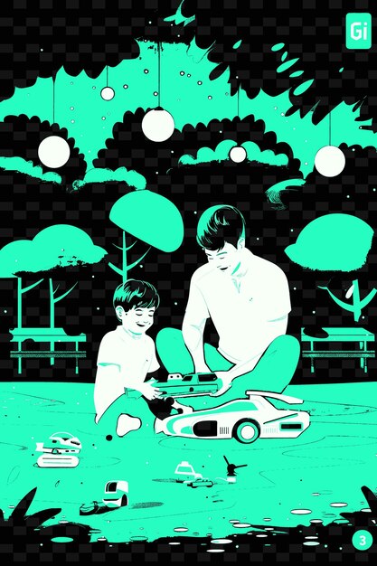 PSD father and son playing with remote control cars together in png illustration art work designs