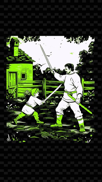 PSD father and son playing with swords in a backyard with an epi png illustration art work designs