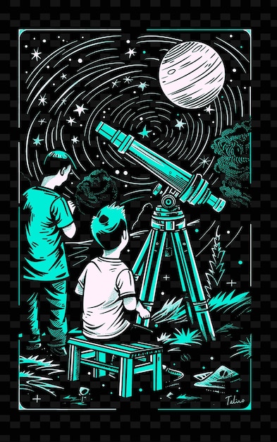 PSD father and son playing with a telescope in a backyard with a png illustration art work designs