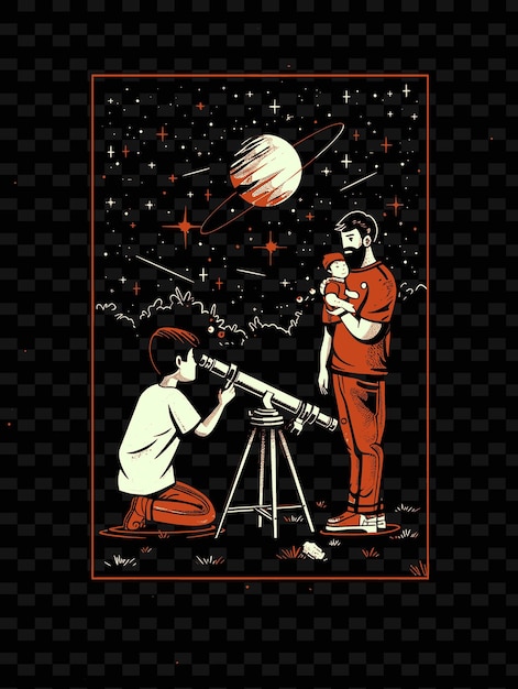 Father and Son Playing With a Telescope in a Backyard With a PNG Illustration Art Work Designs