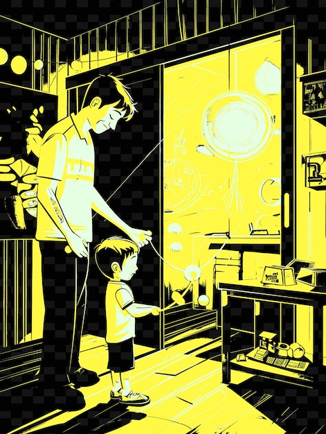 PSD father and son playing with a yo yo in a room with a toy sto png illustration art work designs