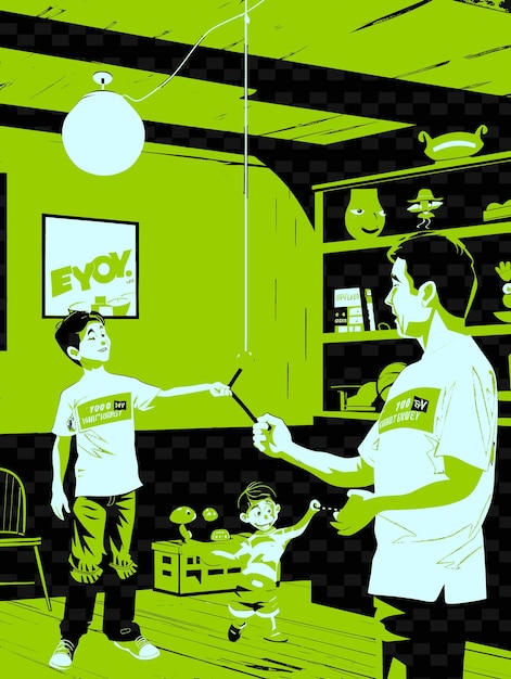 PSD father and son playing with a yo yo in a room with a toy sto png illustration art work designs