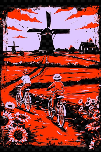 Father and Son Riding Bikes in a Countryside With a Windmill PNG Illustration Art Work Designs