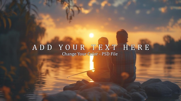 father and son sitting together on rocks fishing