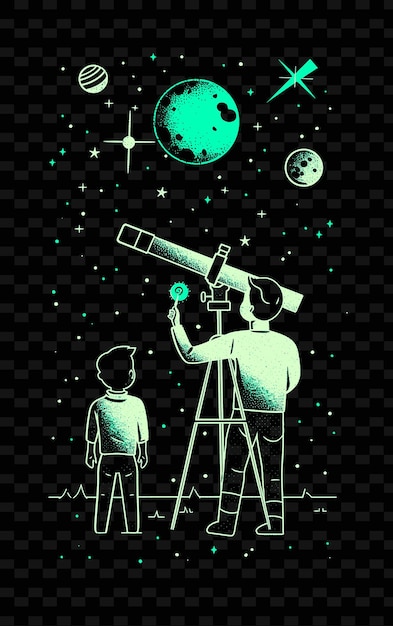 Father and Son Stargazing Through a Telescope Space Themed P PNG Illustration Art Work Designs