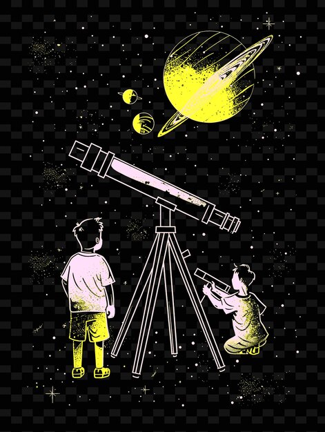 Father and Son Stargazing Through a Telescope Space Themed P PNG Illustration Art Work Designs