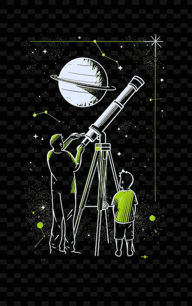 Father and Son Stargazing Through a Telescope Space Themed P PNG Illustration Art Work Designs