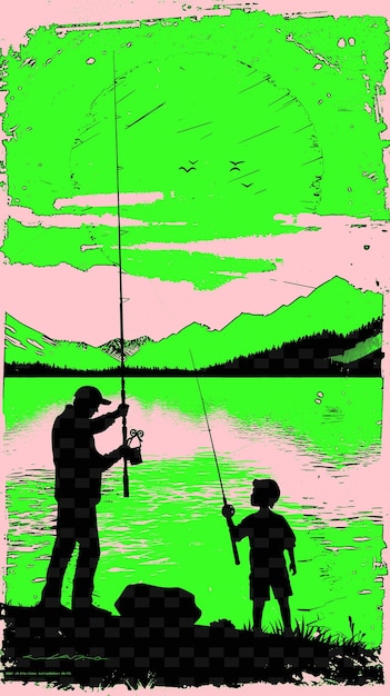 Father Teaching His Son How to Fish by a Calm Lake With Moun PNG Illustration Art Work Designs