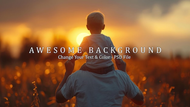 Fathers day Back view of a little child boy sitting on his fathers shoulders holding hands and looking into the distance enjoying sunset Father walking with son outdoors