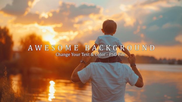 Fathers day Back view of a little child boy sitting on his fathers shoulders holding hands and looking into the distance enjoying sunset Father walking with son outdoors