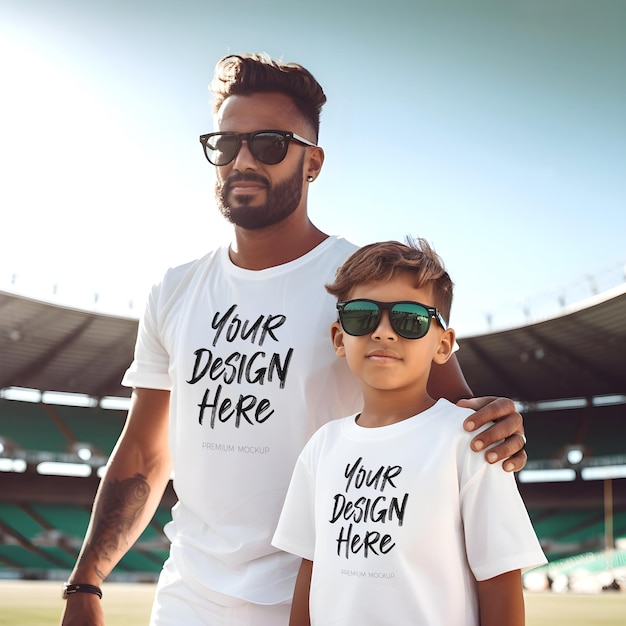 FatherSon Duo PSD Mockup of Dad and Son Wearing White TShirts for a Sunny Day