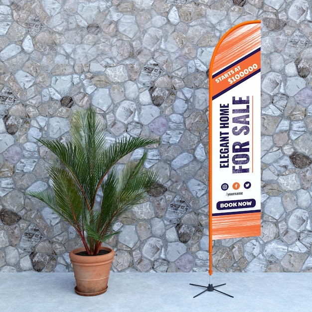 Feather flag banner stand mockup with plant