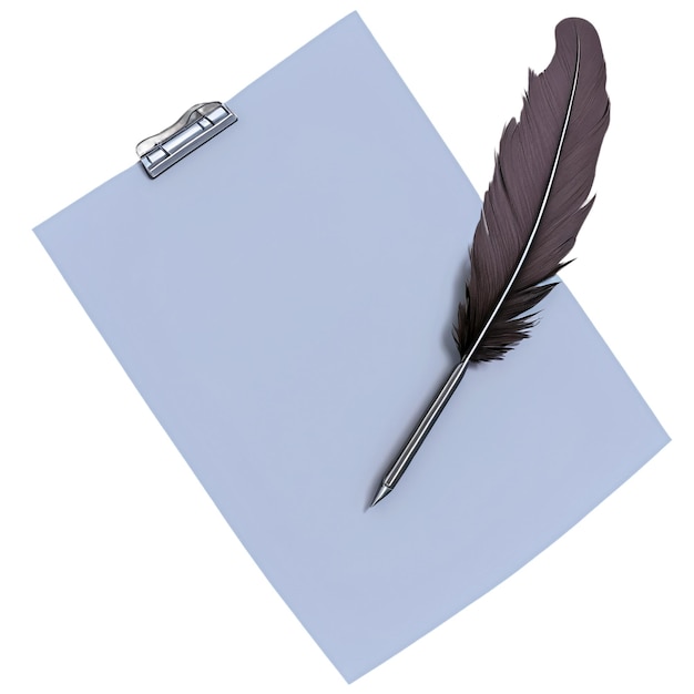 a feather sits on a piece of paper with a pen on it