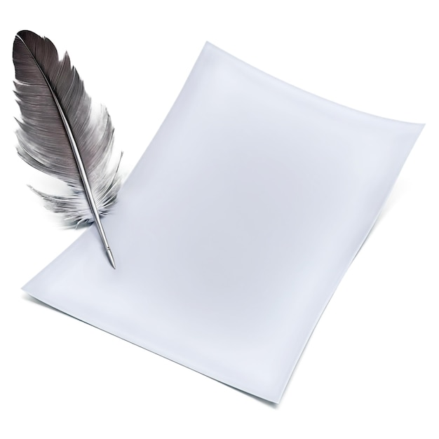 a feather with a pen on it and a white background