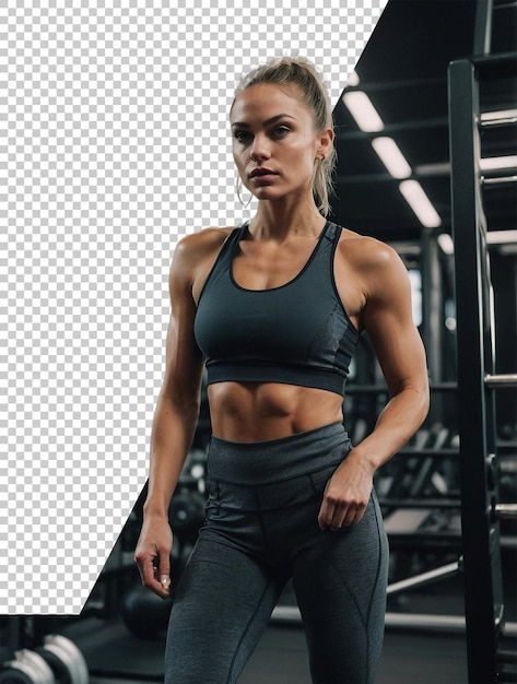 a female athlete is standing in a gym with a black tank top