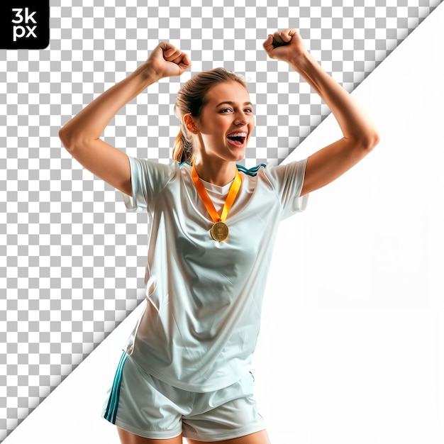 a female athlete with her arms up in the air isolated on transparent background